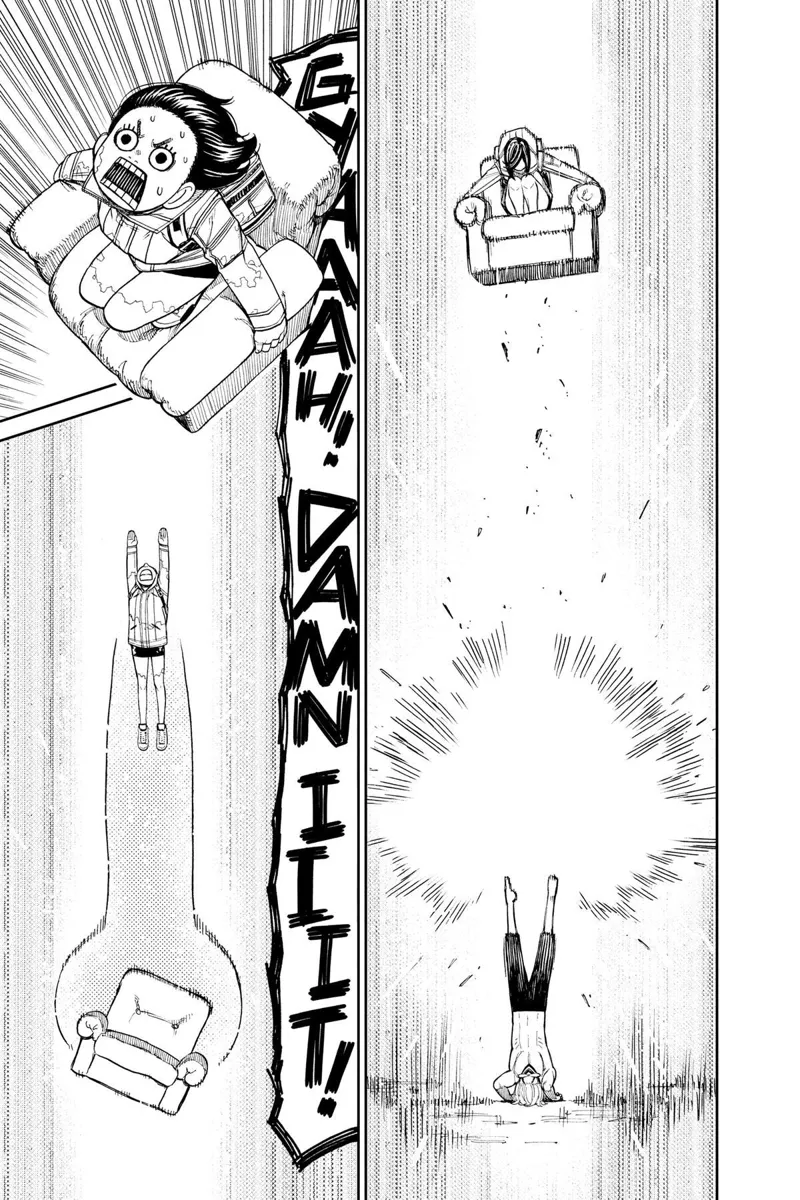 Momo screams as her chair moves upwards. After cursing, Okarun kicks it.