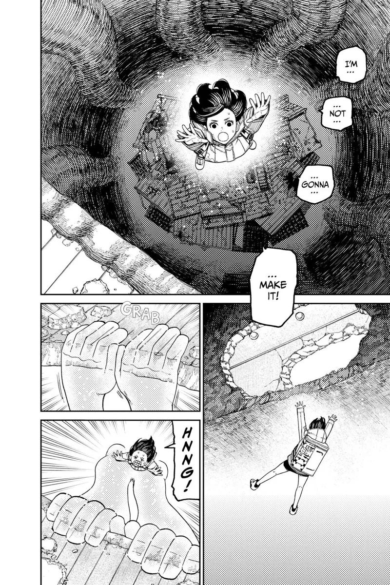 Momo uses her telekinetic hands to grab into the hole's edge to exit.