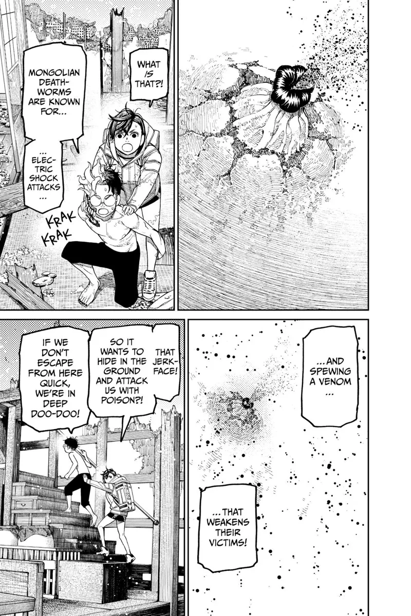 Momo and Okarun escape after seeing the Mongolian Death Worm spewing venom as it burrows into the wall.