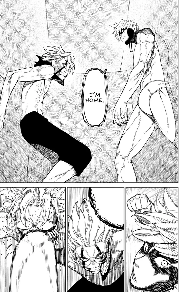 Jiji easily enters the cursed house and punches Okarun in the face.