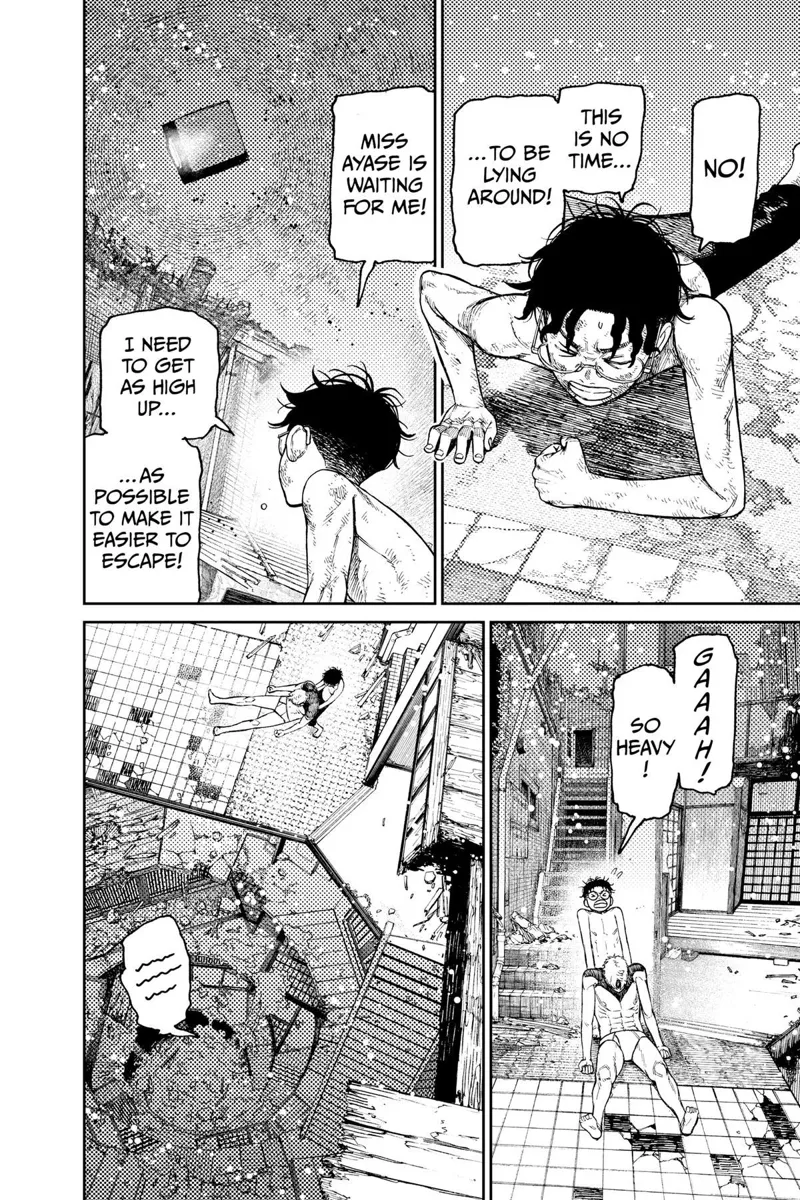 Okarun gets up, looks at the escape hole above, and pulls the unconscious Jiji near the stairs.