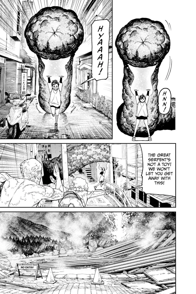 Momo continues to run and carry the giant worm while the Kito family chases her.