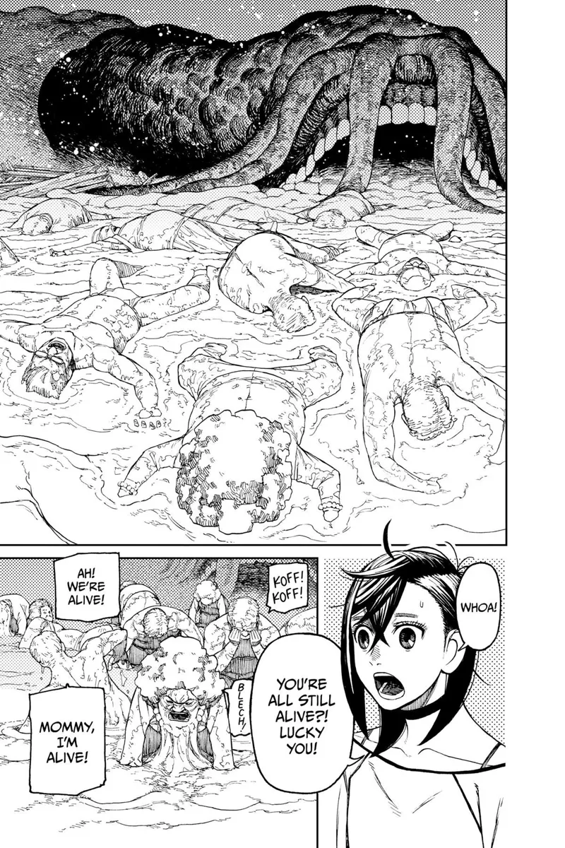 The Mongolian Death Worm throws up the Kito family, who got eaten earlier and are still alive.