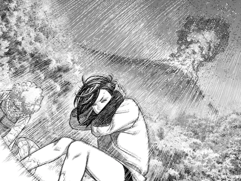 Momo covers her ears and head as the huge volcano behind her erupts.
