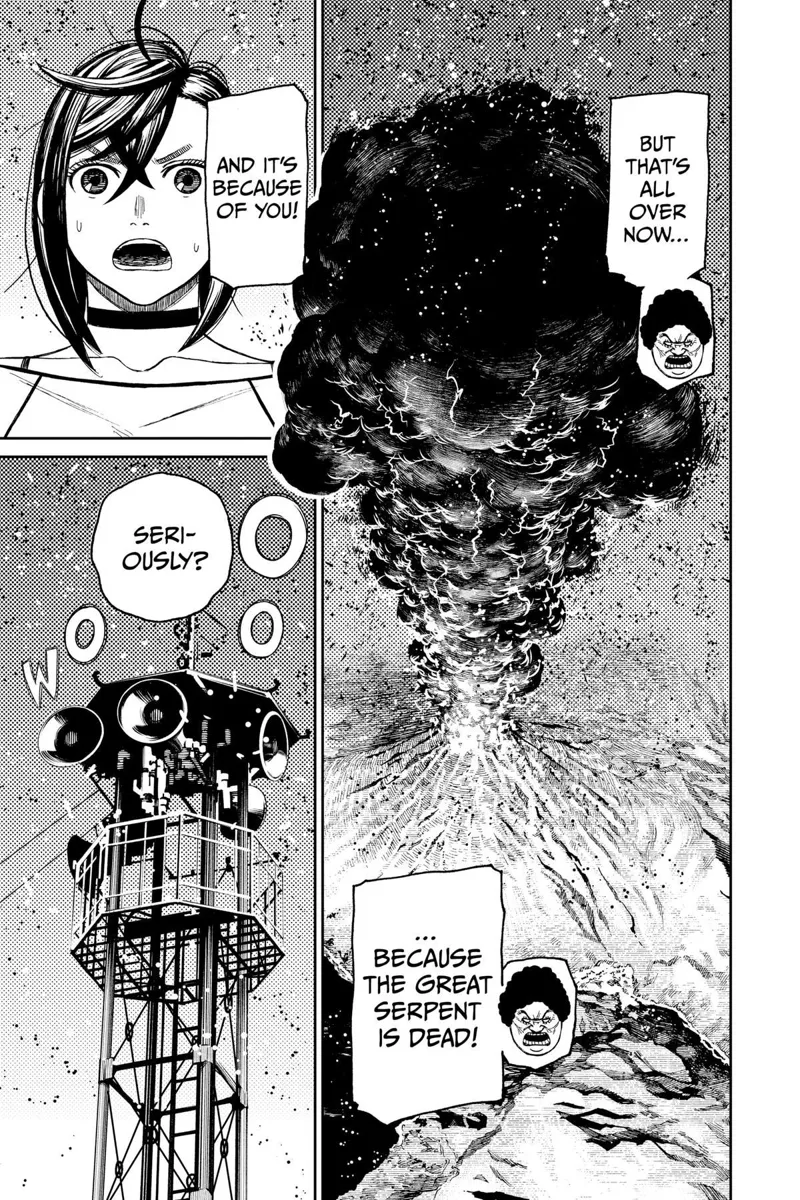 Smoke and ashes burst out of the volcano and into the sky. The Kito leader blames Momo. Sirens start firing off.