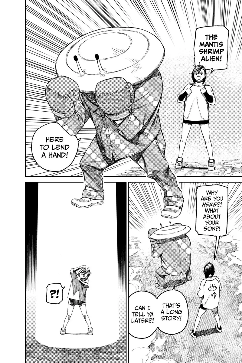 The Mantis Shrimp Alien "Dover Demon" appears in polka-dot clothes. Momo asks him about his son.