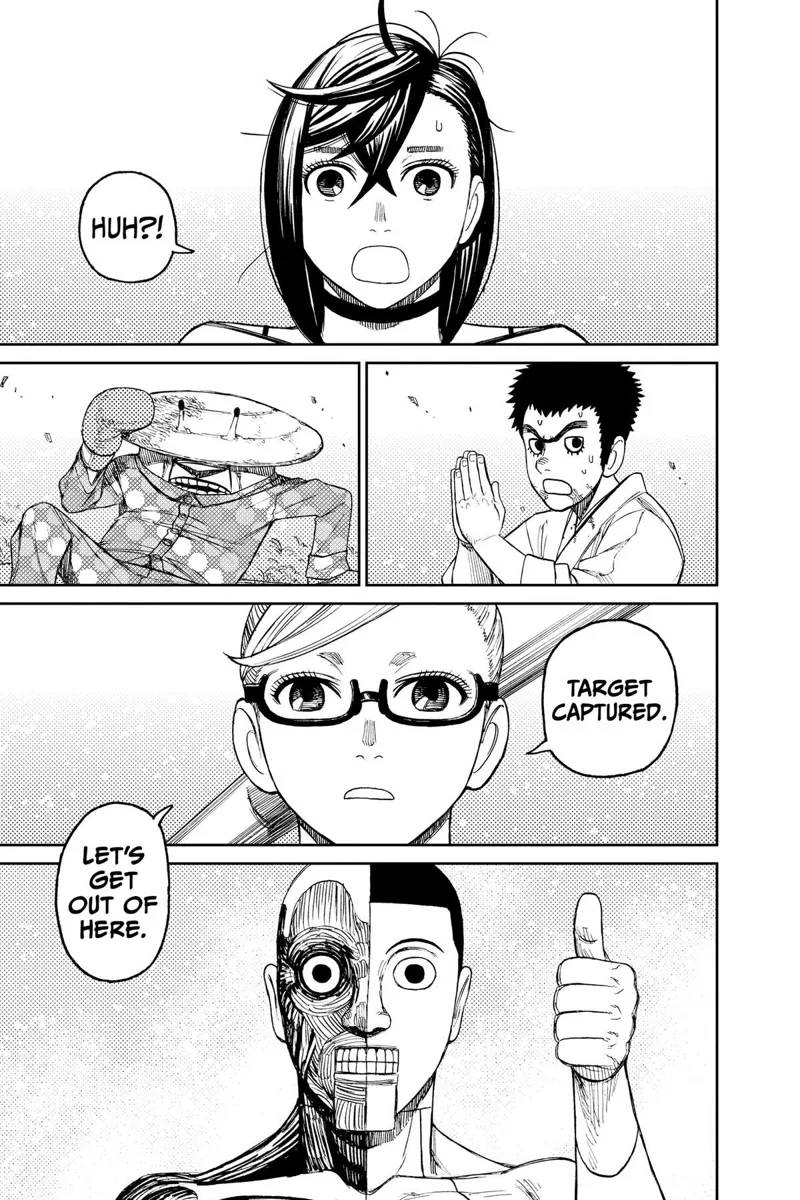 Momo is shocked. Manjaro and Dover Demon watch Grandma saying Target captured. Taro gives a thumbs up.