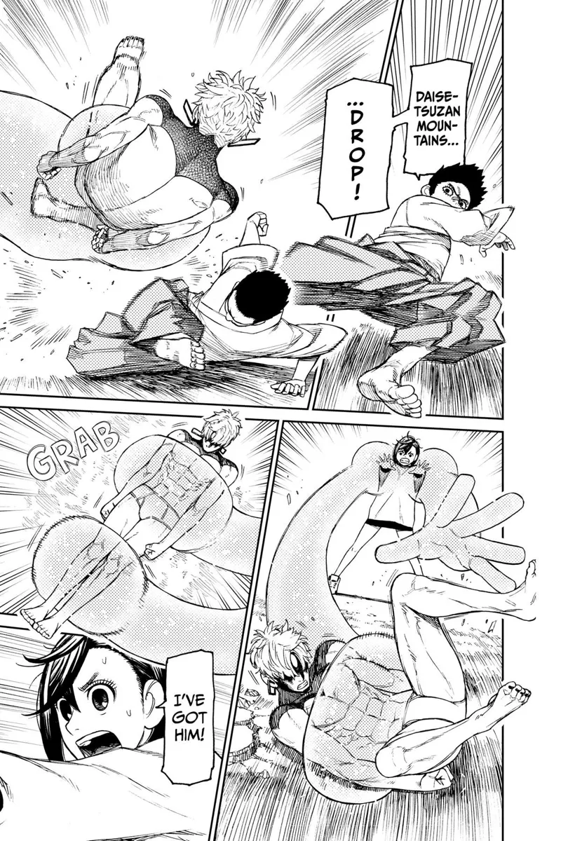 The priest guy attacks Jiji with "Daisetsuzan Mountains Drop," but Jiji evades. Momo restrains him again.