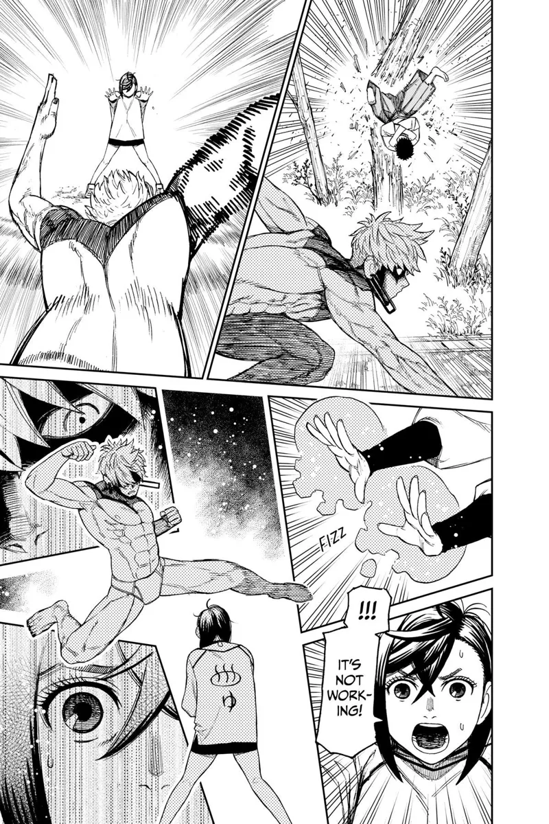 The priest gets thrown into the tree and breaks it. Cursed Jiji swiftly runs to Momo and prepares to punch her.