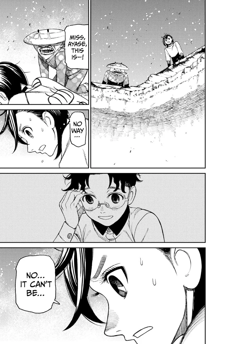 Momo and Kapa look at the burning pit. Momo recalls Okarun.
