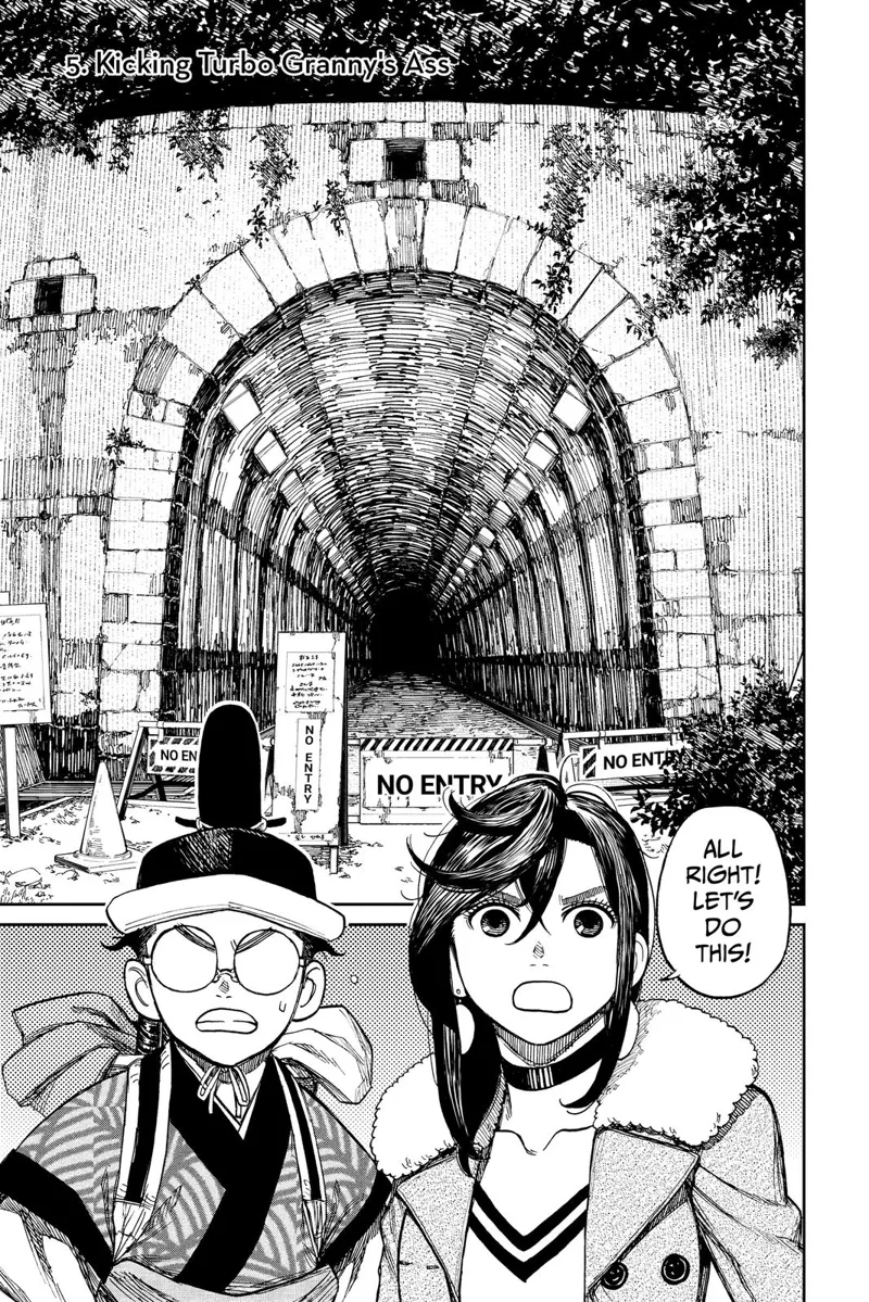 Momo and Okarun arrive at the tunnel's entrance, which is barricaded with "No Entry" signs.
