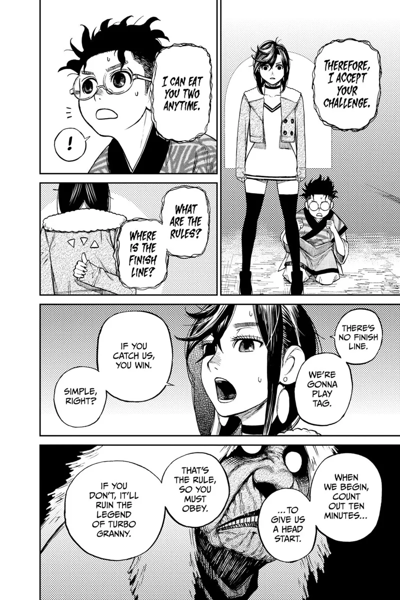 Momo and Okarun are surprised when Turbo Granny agrees to the challenge. Momo then lays out the rules of their game of tag.