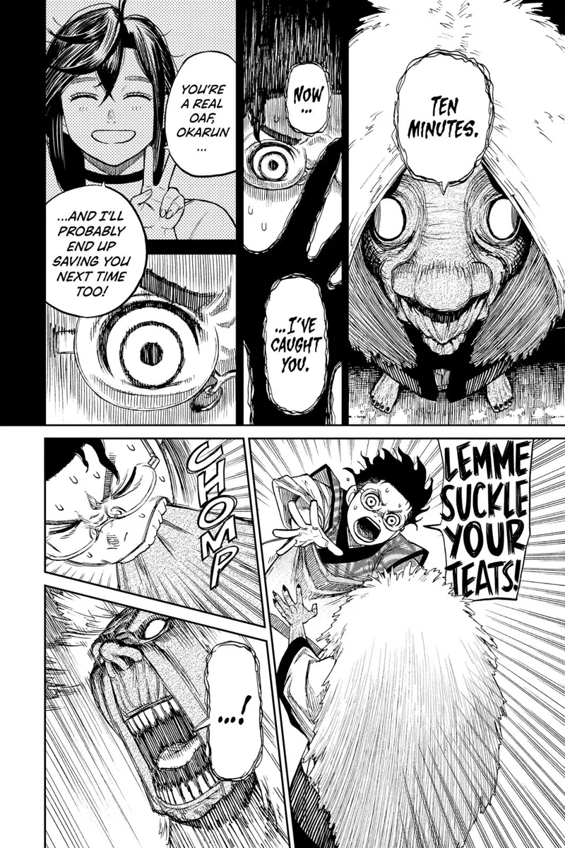 Turbo Granny finishes counting to ten minutes and wants to suckle his teats. Okarun recalls Momo and bites Turbo Granny.