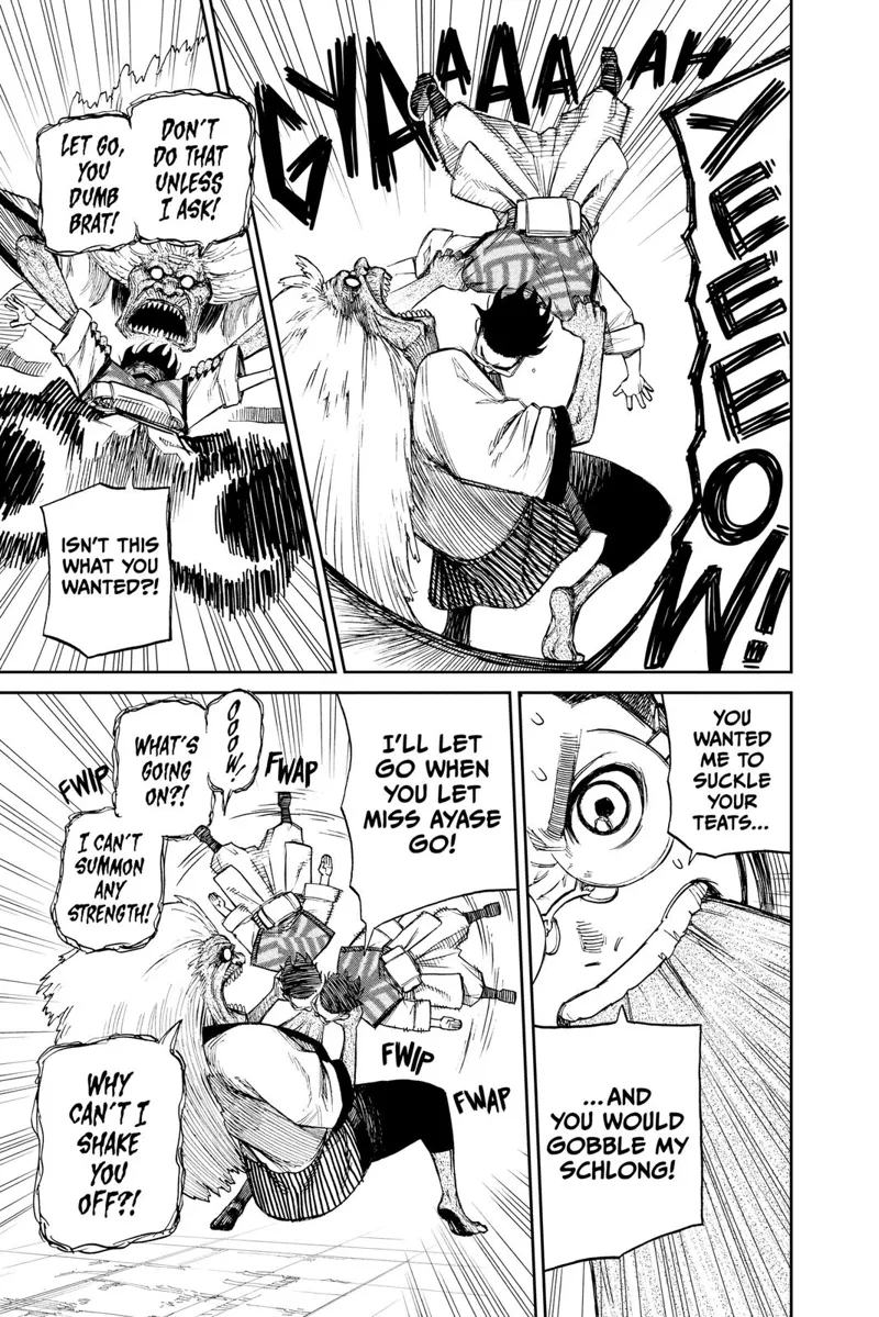 Turbo Granny screams in pain and weakens as she tries to shake Okarun off. Okarun doesn't let go of biting her tits.