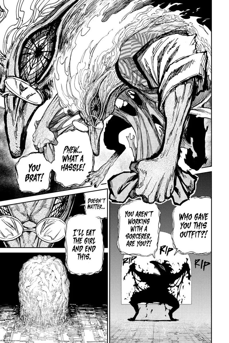 Okarun transforms into Turbo Granny and rips off her clothes. She turns to the captured Momo and plans to eat her.