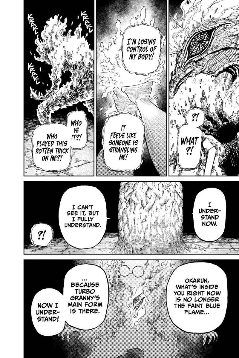 Turbo Granny is losing control of Okarun's body. Momo sees Okarun and Turbo Granny's aura despite inside the hands.
