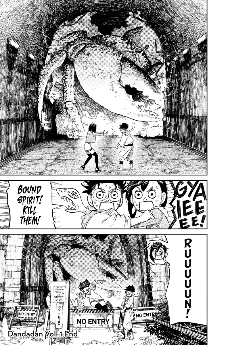 A huge crab appears. Momo and Okarun hold one another in fear, but they run outside the tunnel.