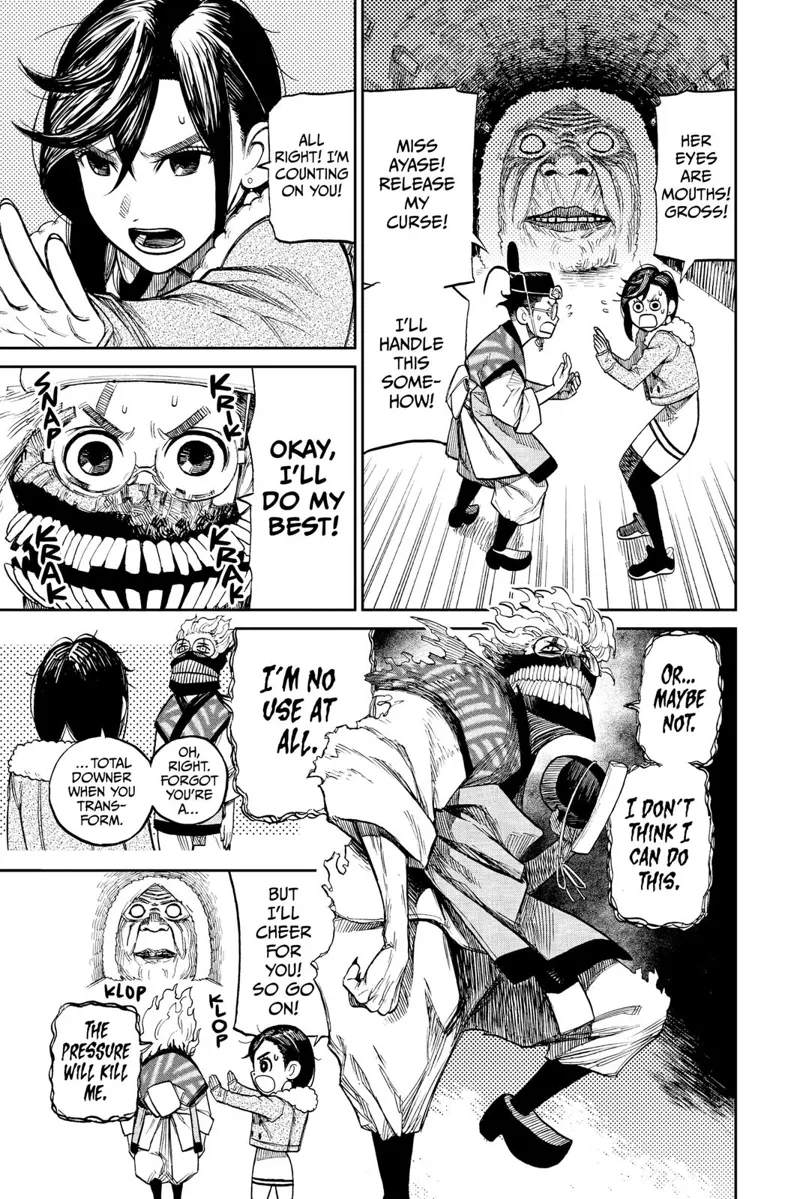 Okarun transforms into a cursed Okarun to handle the huge Granny head, but he is depressed and does not want to fight.