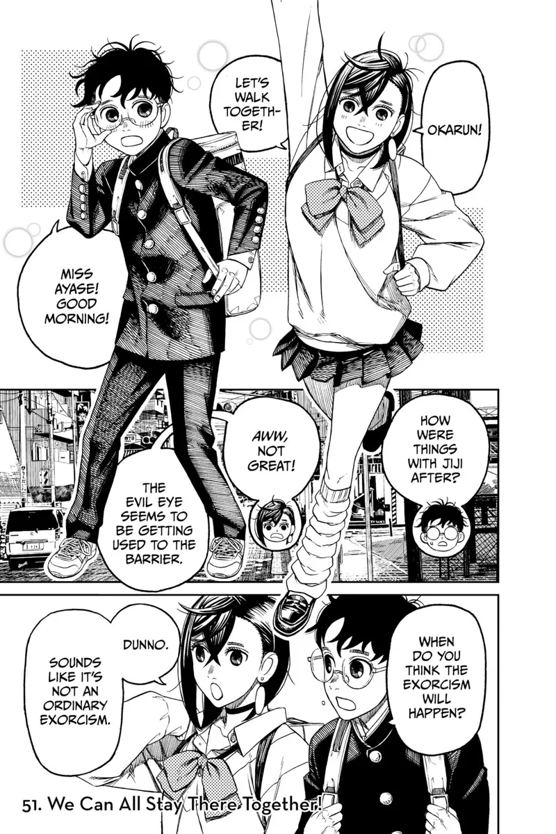 Momo waves at Okarun, and they walk to school together.