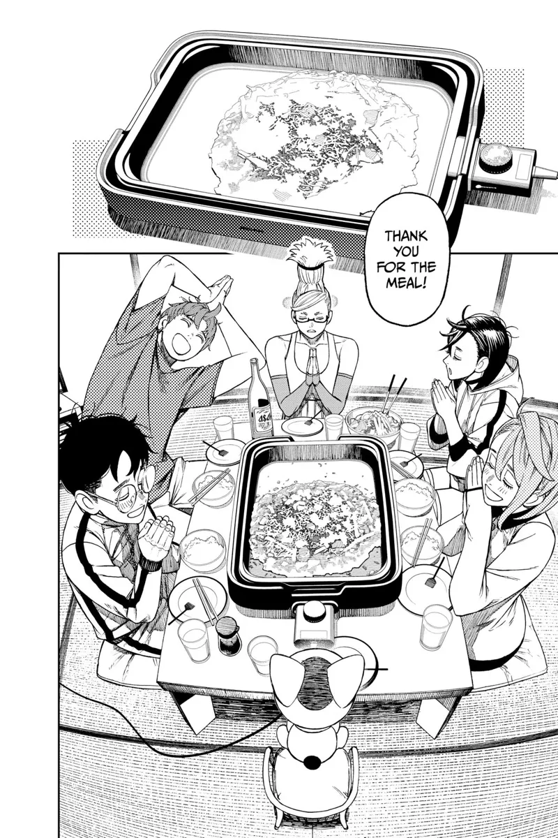 Momo, Aira, Grandma, Jiji, Okarun, and Turbo Granny pray in front of a delicious meal.