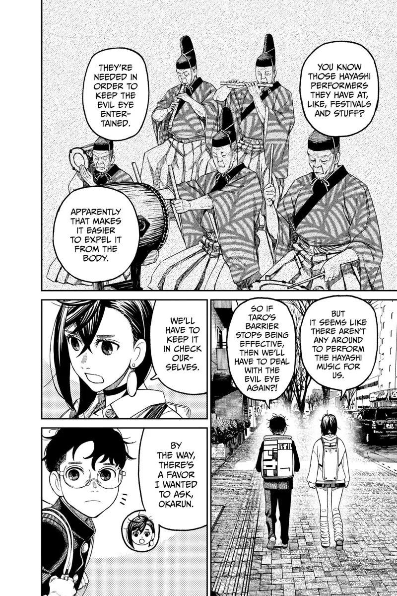 Momo talks about the Hayashi Performers as central to Jiji's exorcism. Momo asks Okarun for a favor.