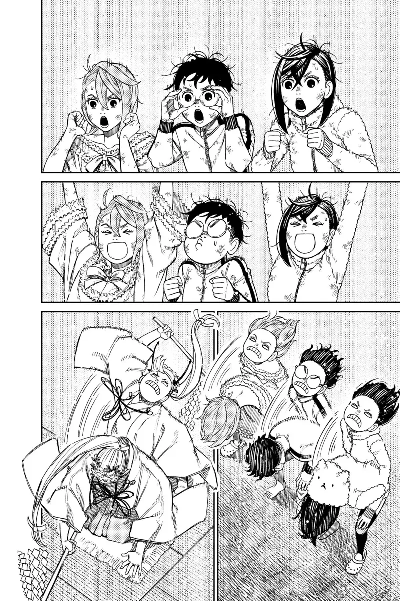 Momo, Okarun, and Aira start head-banging. Grandma performs the exorcism ritual.