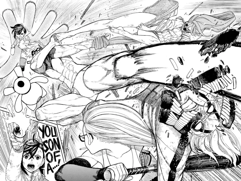Evil Eye Jiji kicks cursed Okarun while cursed Aira, Grandma, and Momo fight him.