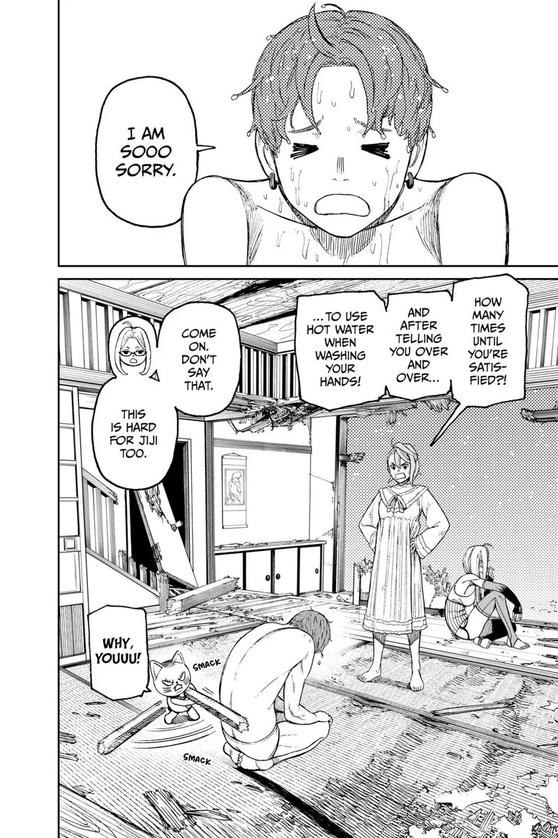 Jiji returns to normal, naked, and apologizes while kneeling before Aira. The house is destroyed.