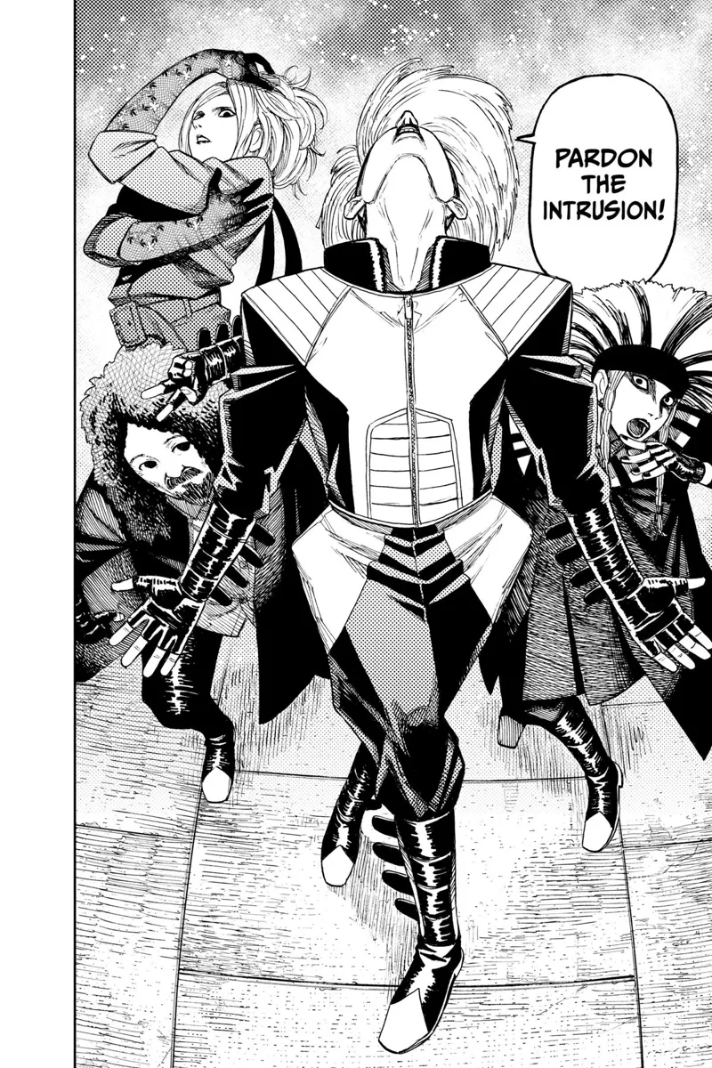 Four people in weird costumes and poses suddenly appear.
