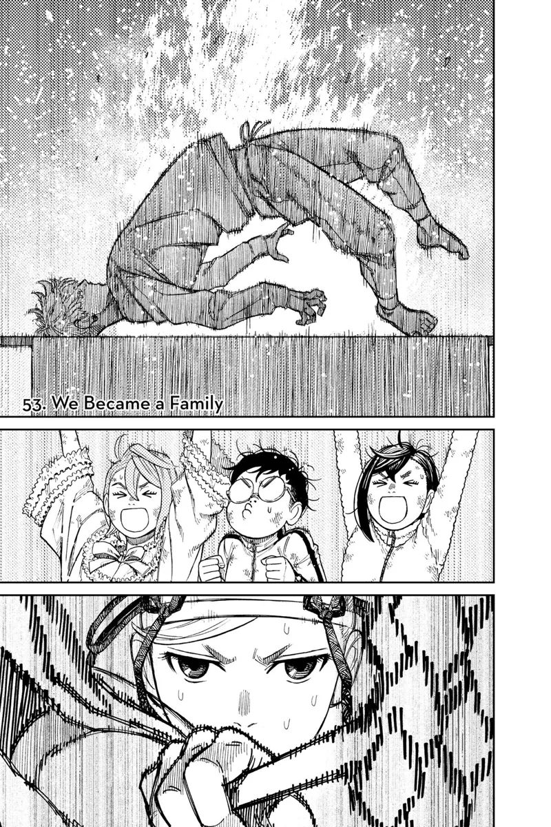 Jiji reacts while lying down. Momo, Okarun, and Aira enjoy the music. Grandma performs the exorcism.