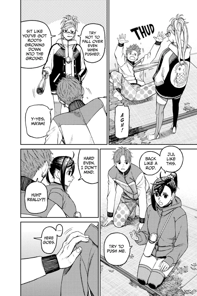 Jiji trips after Grandma pushes him with his baseball bat. Momo demonstrates to him how to do it.