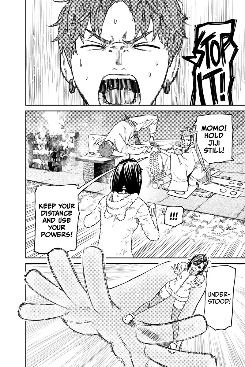 Jiji sweats and yells to stop it. Momo uses her powers to hold him down.