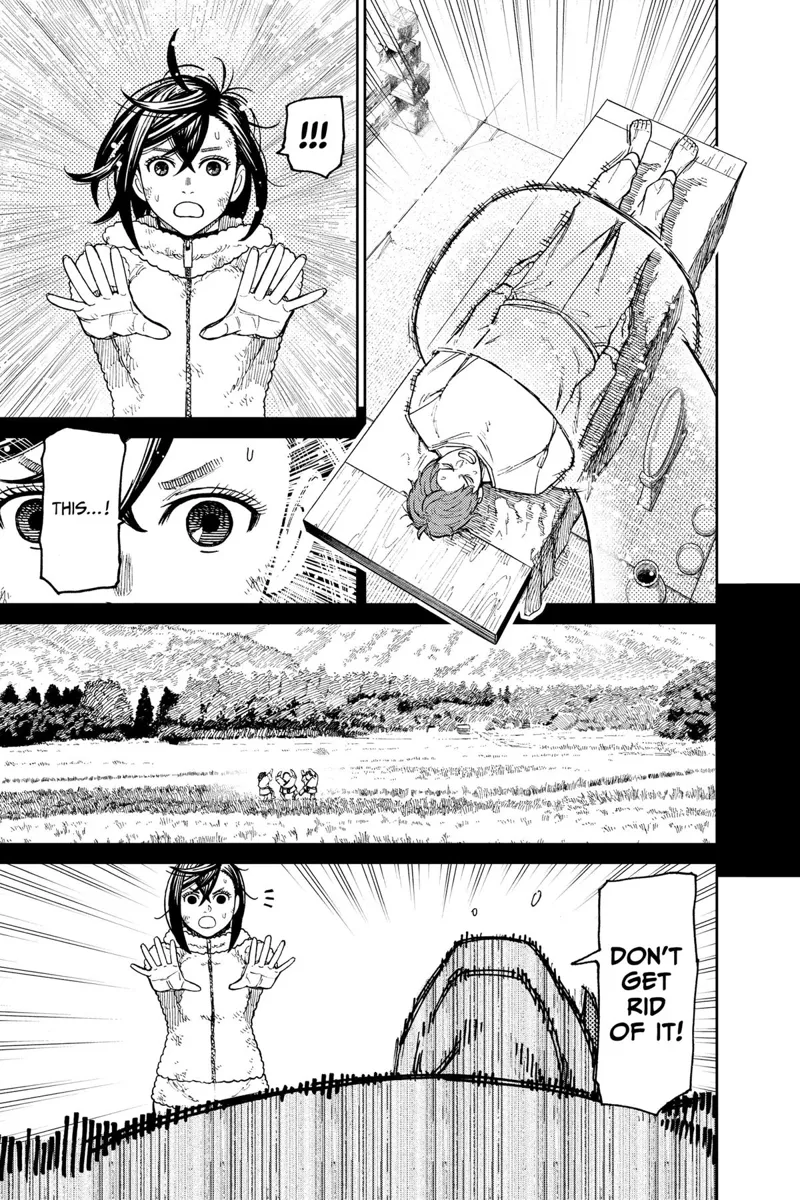 Momo grabs Jiji and sees three little kids in a field. Jiji says not to get rid of it.