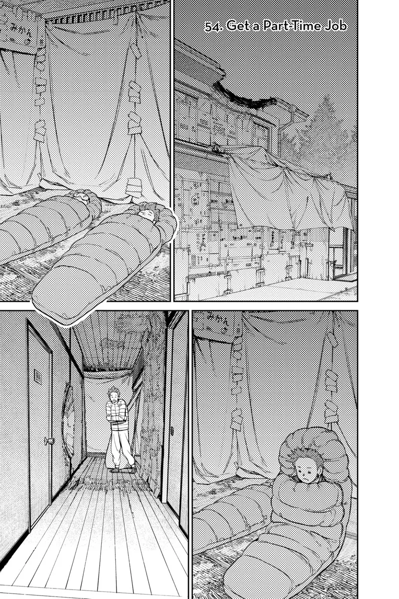 Jiji sleeps in a sleeping bag but suddenly wakes up and leaves the room.