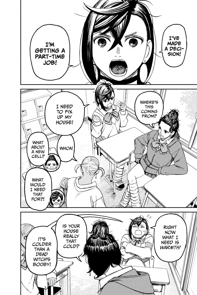In their classroom, Momo tells her two friends she will be getting a part-time job.
