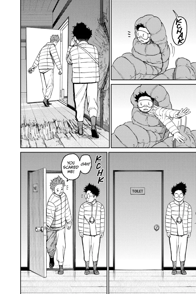Okarun wakes up after noticing Jiji missing. Jiji comes out of the bathroom while Okarun waits near the door.