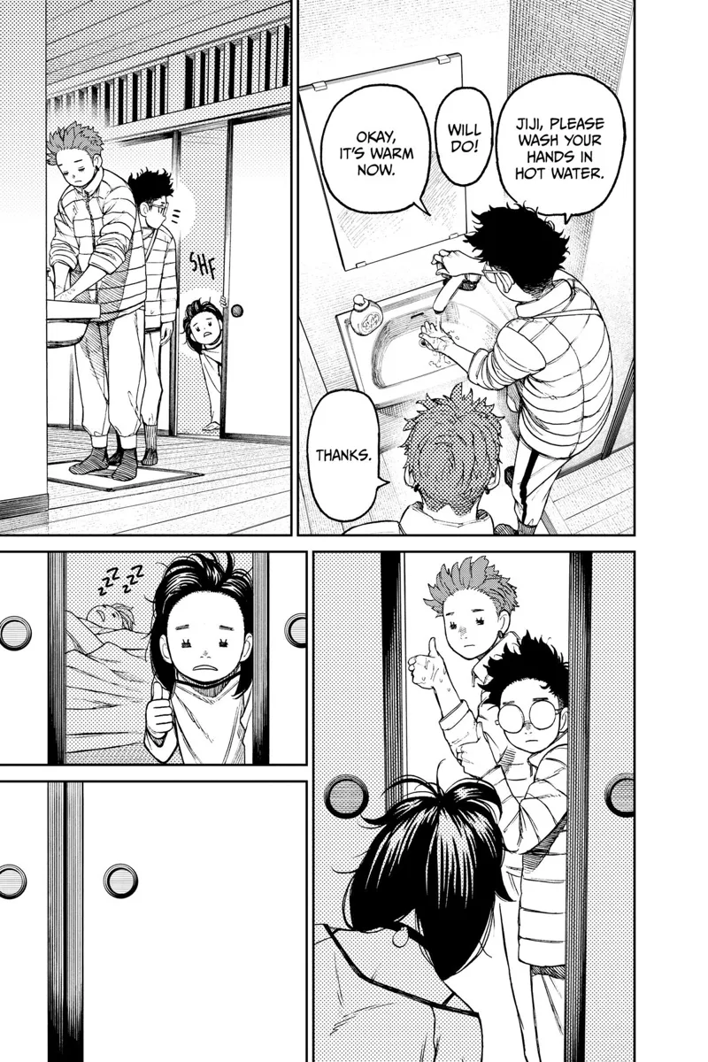 Okarun opens the faucet to make sure it's hot. Momo peeks at the door, and they all make a thumbs-up sign.