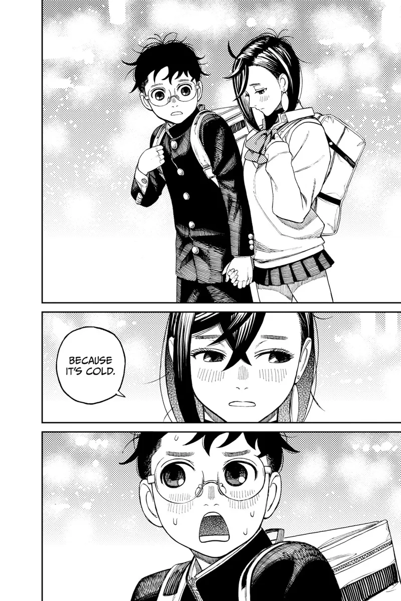 Okarun looks at Momo's hand holding his. Momo says it's called.