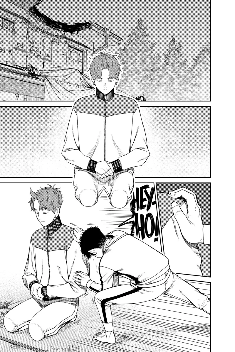 Manjiro pushes Jiji in a sitting posture, performing what Grandma taught him to control his chi.