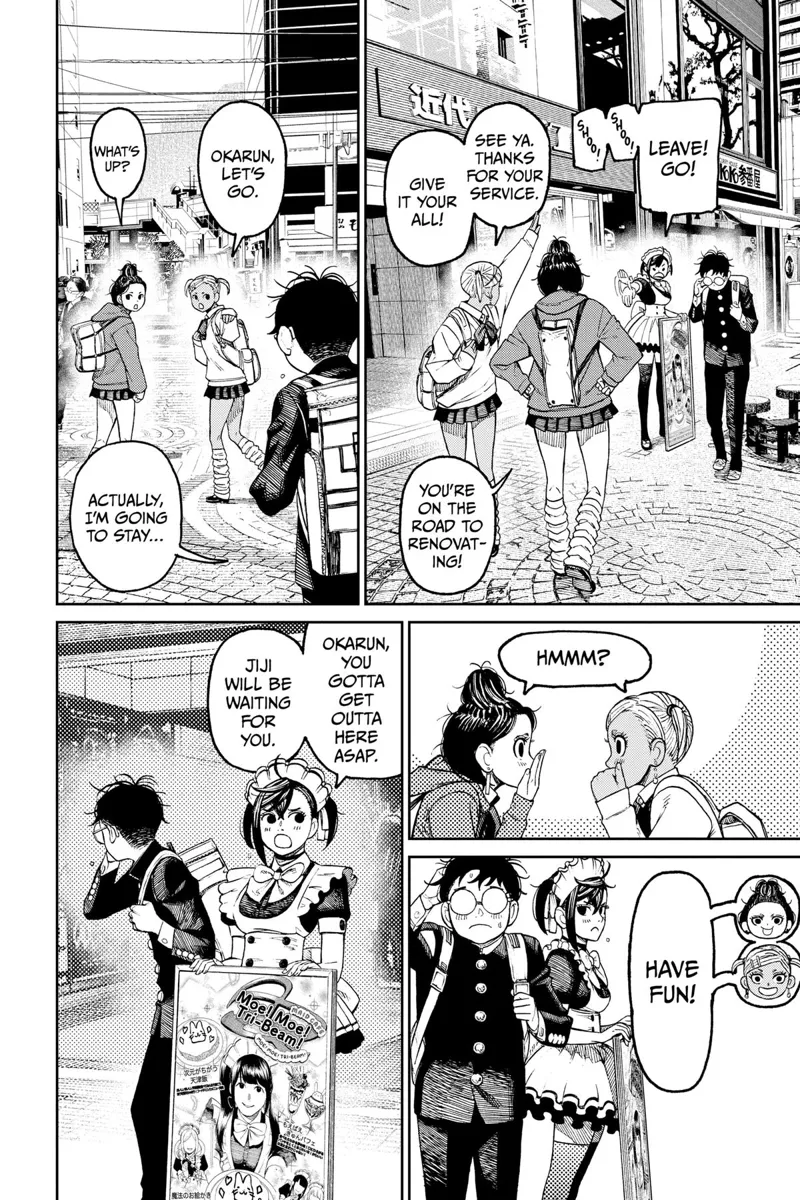 Momo's two lady classmate friends leave, but Okarun chooses to stay with Momo, who is still working.