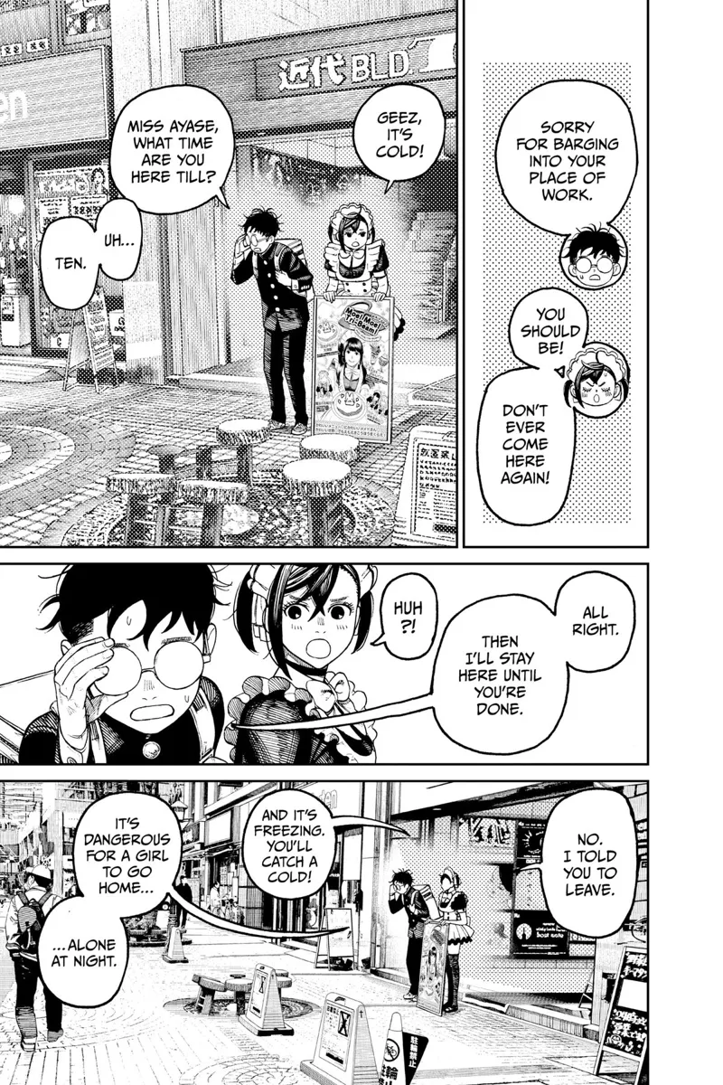 Okarun stays beside Momo, who is still working until ten.