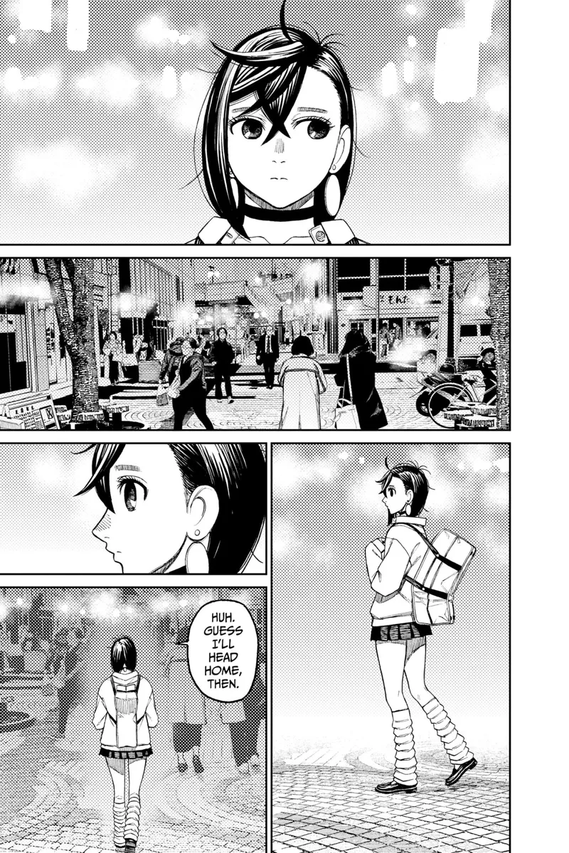 Momo looks around and sees people on the busy street. She starts walking home alone.