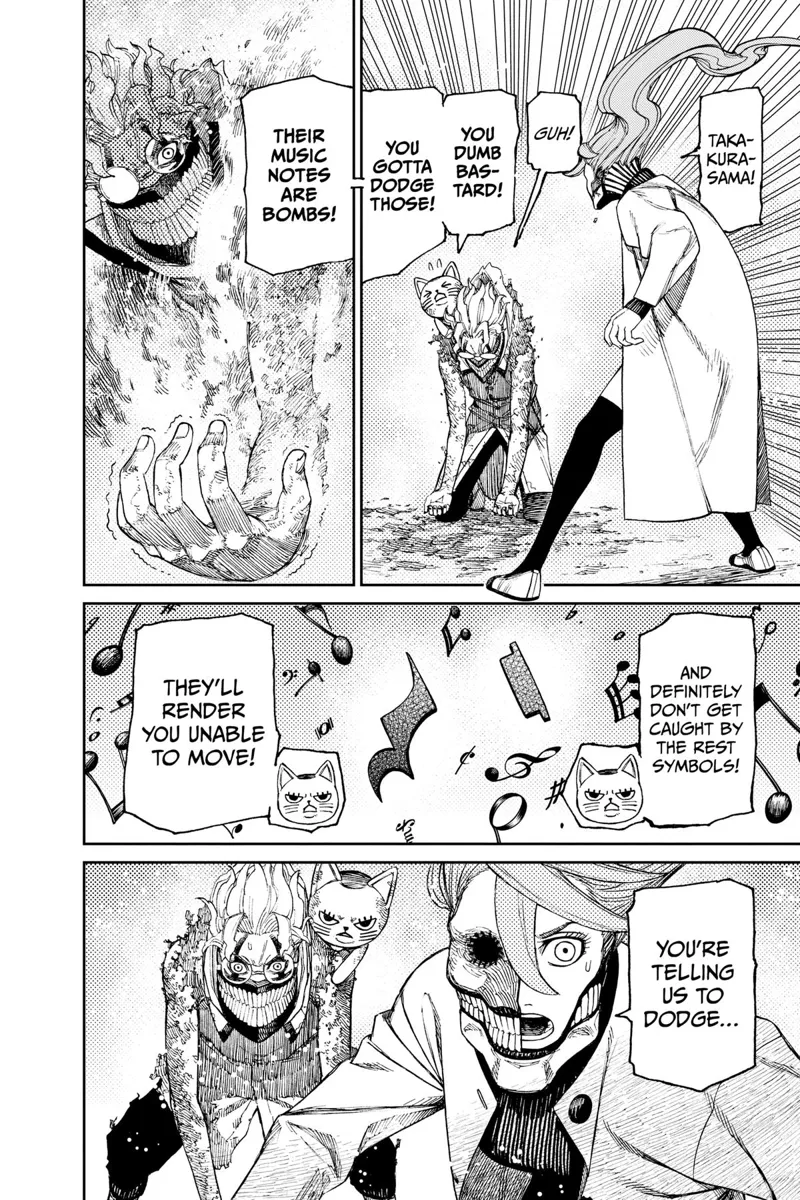 Aira sees Okarun's hands burned as he kneels. Turbo Granny tells them to dodge the musical notes.