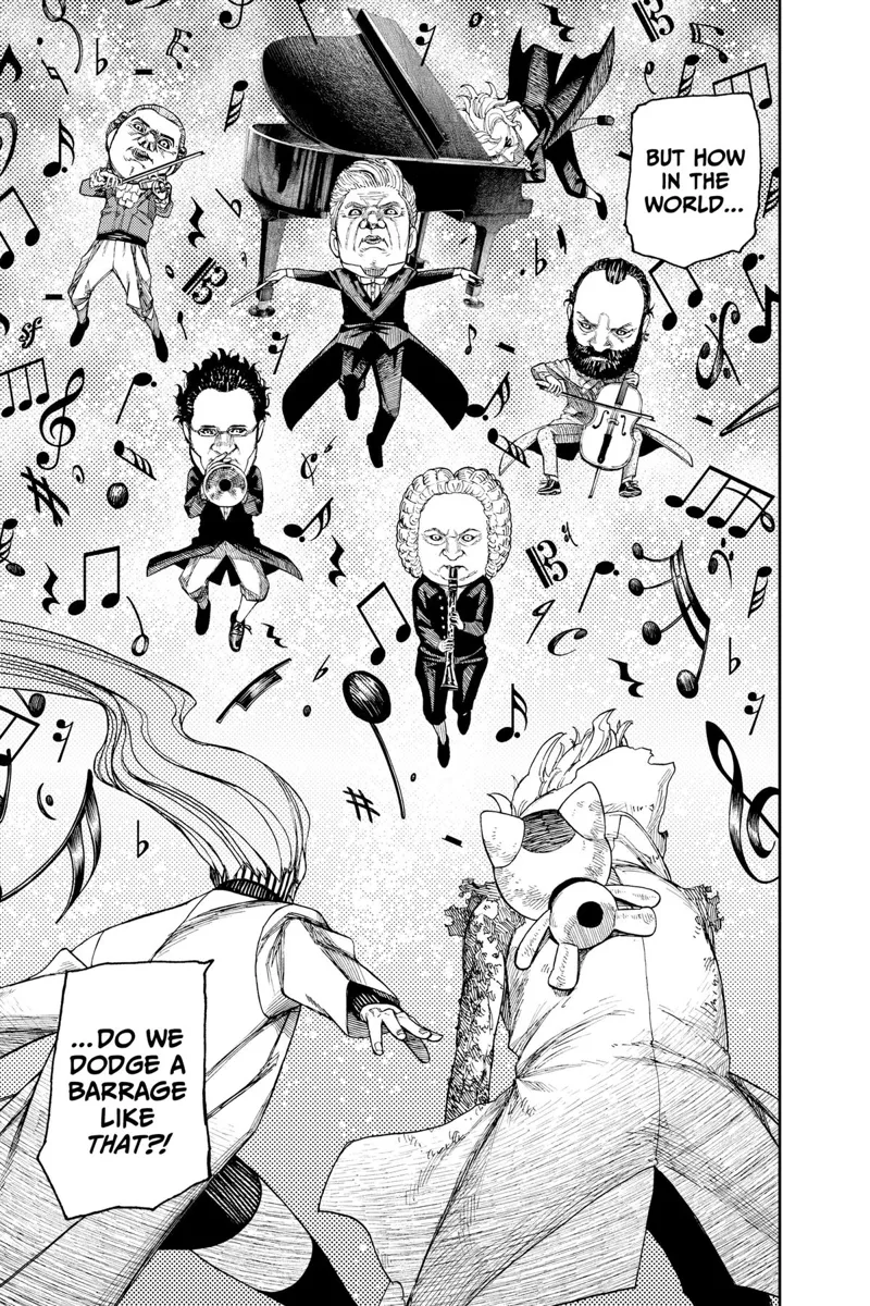 Cursed Okarun and Aira stand, surrounded by many musical notes while the artists hover before them.