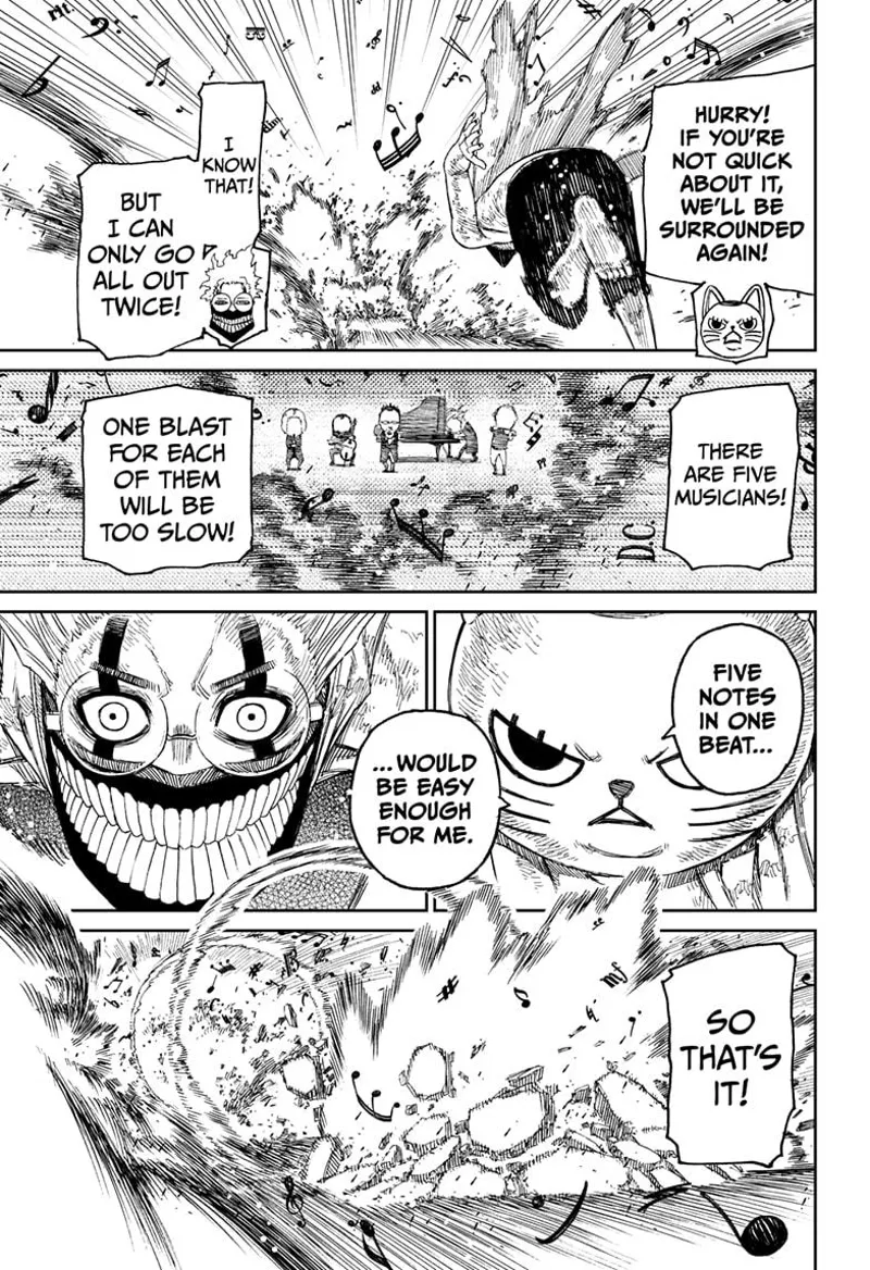 Cursed Okarun rushes towards the five musicians to defeat them.