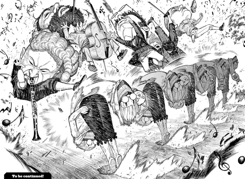 Cursed Okarun swiftly bows his head five times to hit the five musicians Yokais.