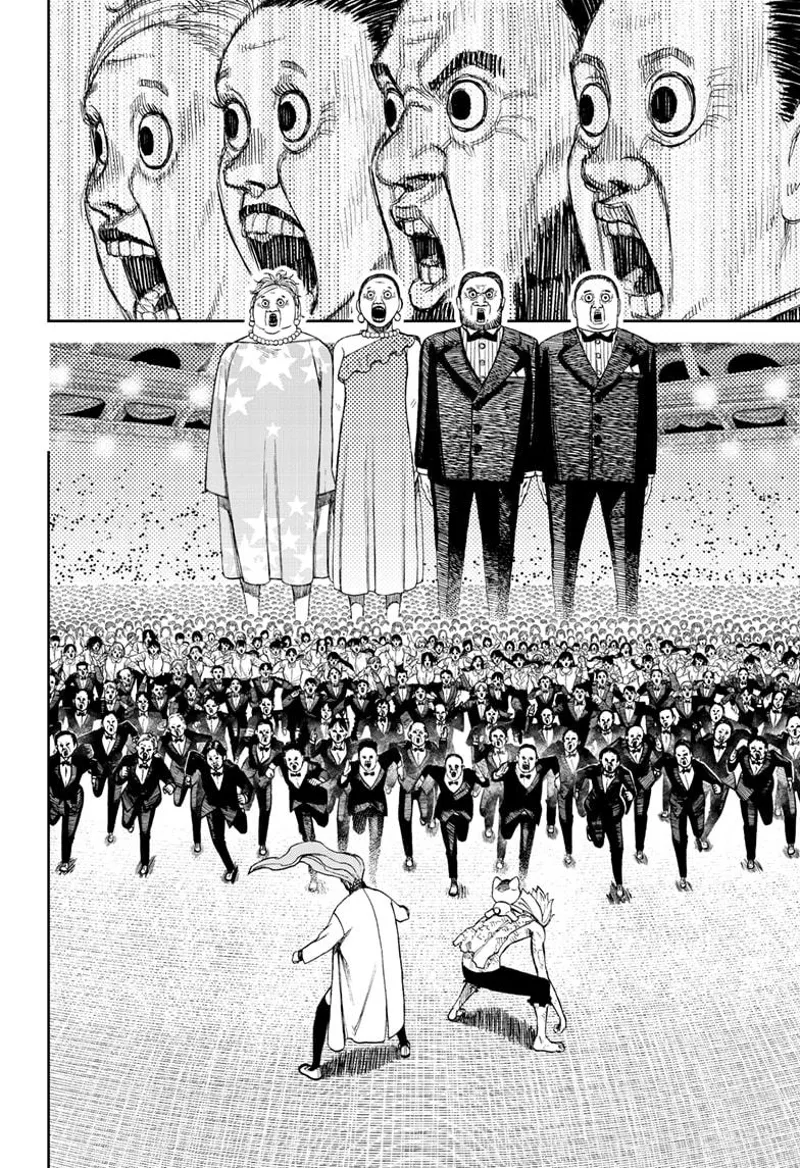 Four giants stand afar and sing while the crowds run towards cursed Okarun and Aira.