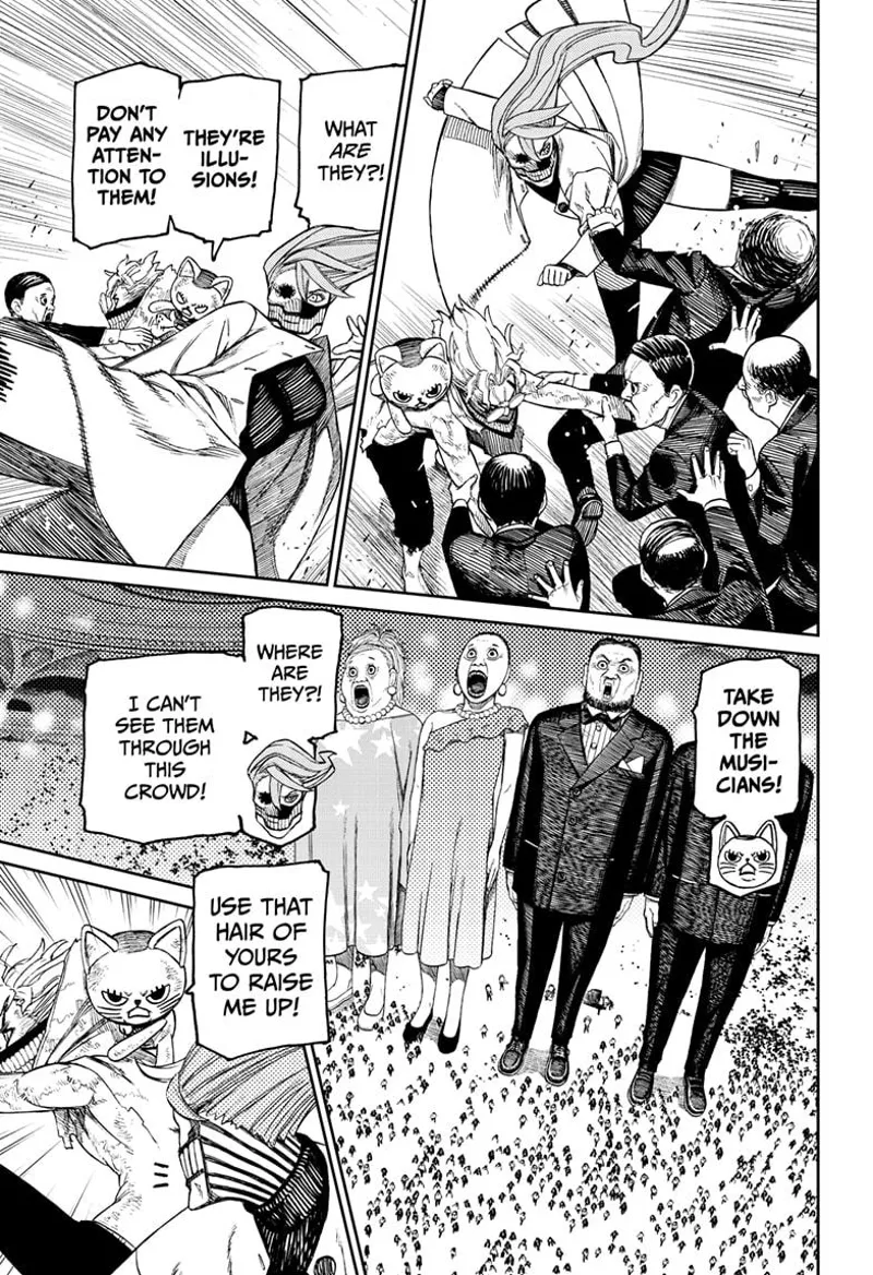 Cursed Okaruna and cursed Aira fight the raging crowds of illusions. They start looking for the musicians.