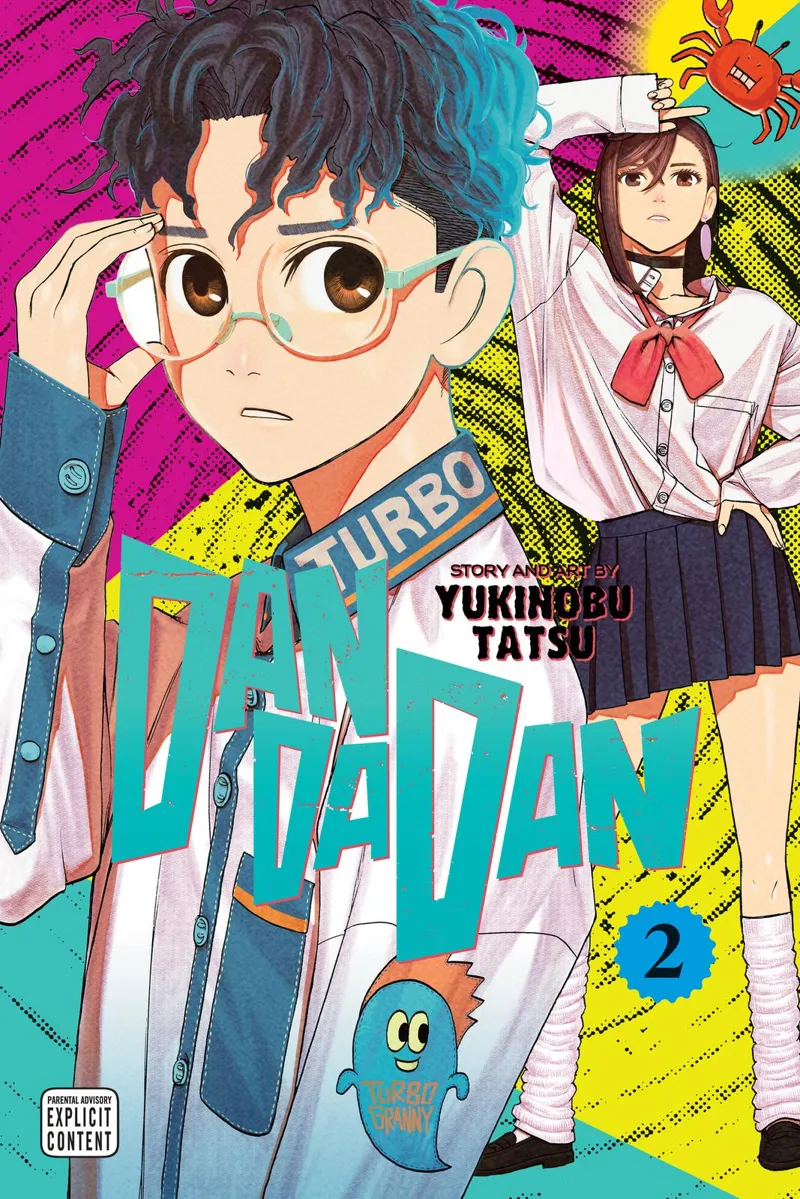 Colored image of Okarun weeaaring glasses in white long sleeve and Momo Ayase behind him in school uniform.