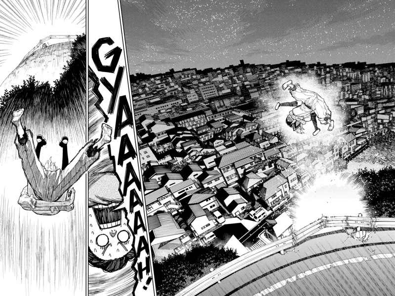 Momo and Okarun jump off the edge of the road. They see houses below while falling.